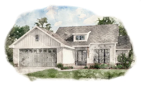 Original architectural illustration of the Modern Farmhouse home design